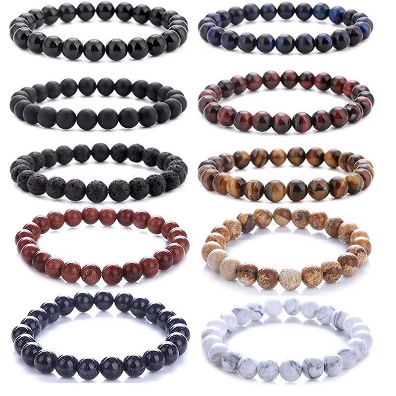 Quartz Bracelet 8Mm Natural Stone round Bead Lava Tiger Eye Black Onyx Energy Healing Beaded Hand Bangle Yoga Women Men Jewelry