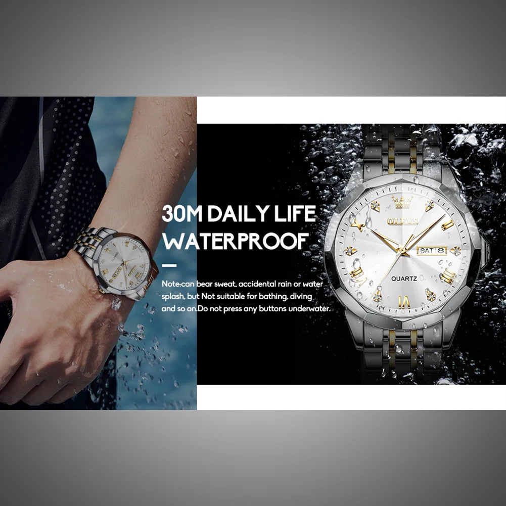 Luxury Silver Watches for Men Gold and Silver Stainless Steel Large Face Men Watch with Day Date Dress Waterproof Classic Diamond Men'S Wrist Watches Fashion Luminous