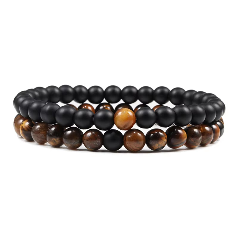 Hot 2Pcs/Set Tiger Eye Black Lava Natural Stone Beaded Bracelets Couples Distance Bracelet Energy Elastic Rope Malachite Jewelry