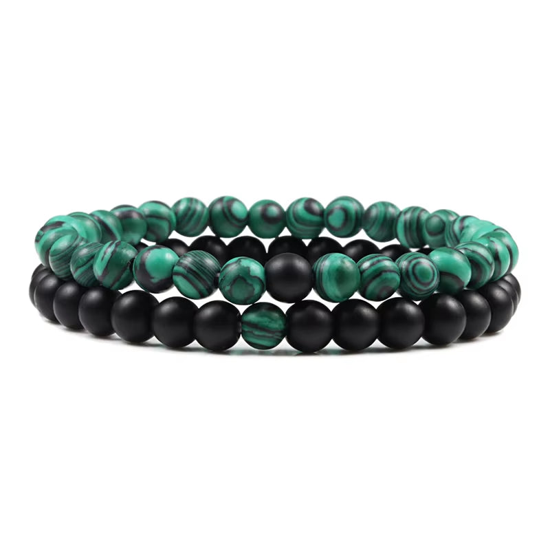 Hot 2Pcs/Set Tiger Eye Black Lava Natural Stone Beaded Bracelets Couples Distance Bracelet Energy Elastic Rope Malachite Jewelry