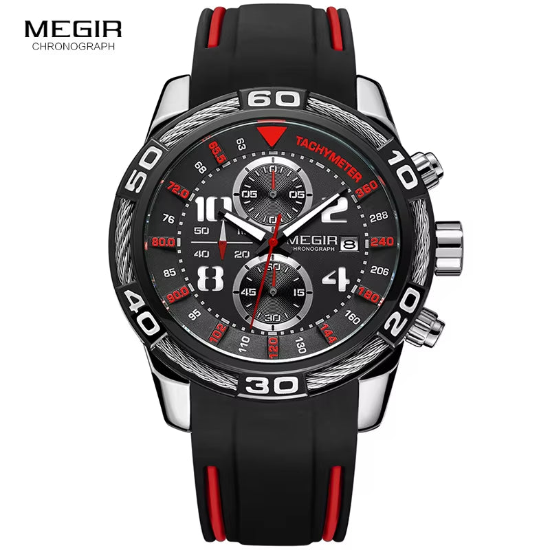 Analogue Chronograph Battery Quartz Watch for Man Men'S Black Silicone Bracelete Sport Wristwatch Boy'S Stopwatch 2045G