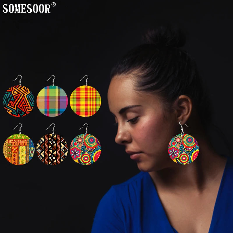 2020 Creative Design Fashion Africa Jewelry Bohemian Wooden Both Printing round Pendants Black Earrings for Women Gifts