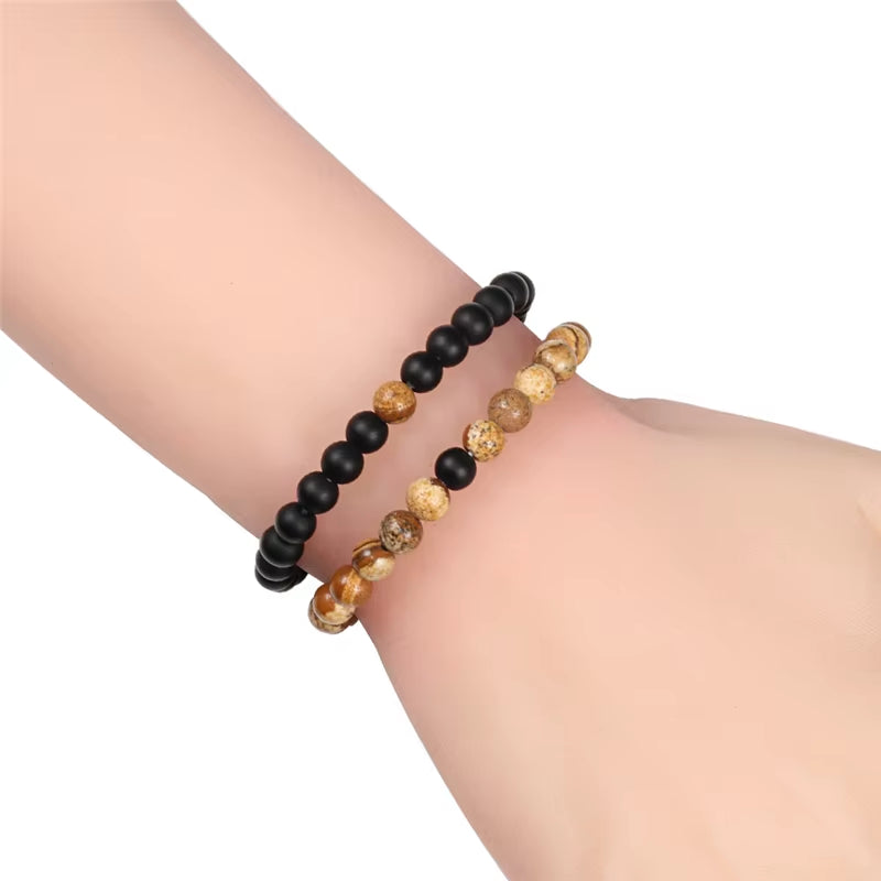 Hot 2Pcs/Set Tiger Eye Black Lava Natural Stone Beaded Bracelets Couples Distance Bracelet Energy Elastic Rope Malachite Jewelry