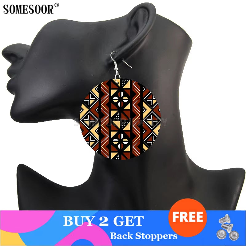 2020 Creative Design Fashion Africa Jewelry Bohemian Wooden Both Printing round Pendants Black Earrings for Women Gifts