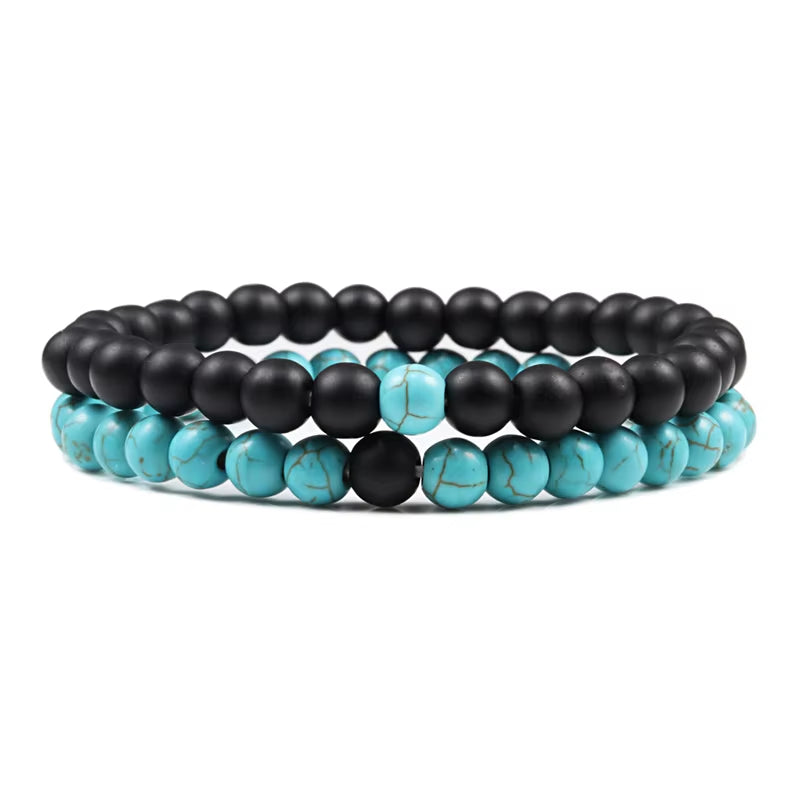 Hot 2Pcs/Set Tiger Eye Black Lava Natural Stone Beaded Bracelets Couples Distance Bracelet Energy Elastic Rope Malachite Jewelry