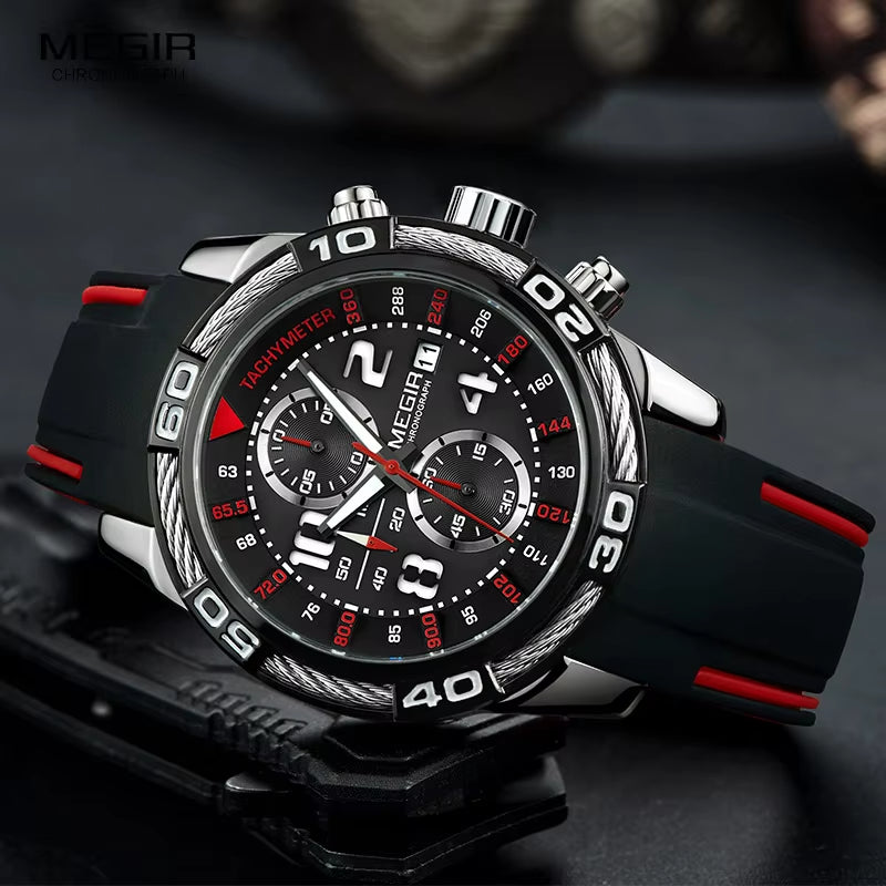 Analogue Chronograph Battery Quartz Watch for Man Men'S Black Silicone Bracelete Sport Wristwatch Boy'S Stopwatch 2045G