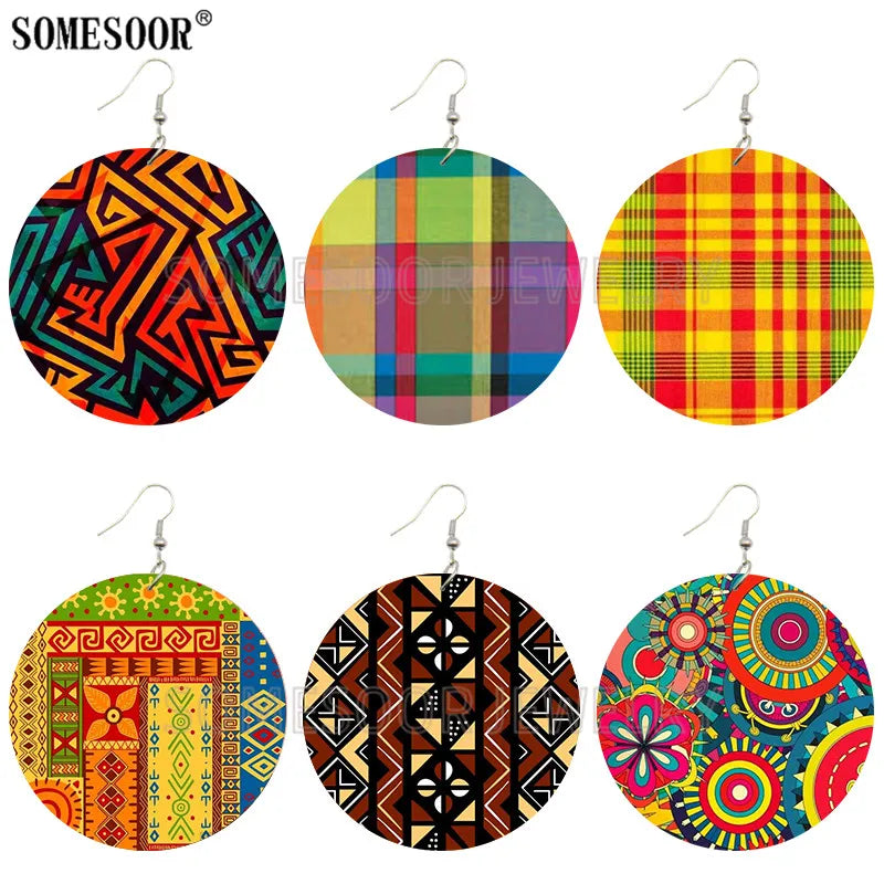 2020 Creative Design Fashion Africa Jewelry Bohemian Wooden Both Printing round Pendants Black Earrings for Women Gifts