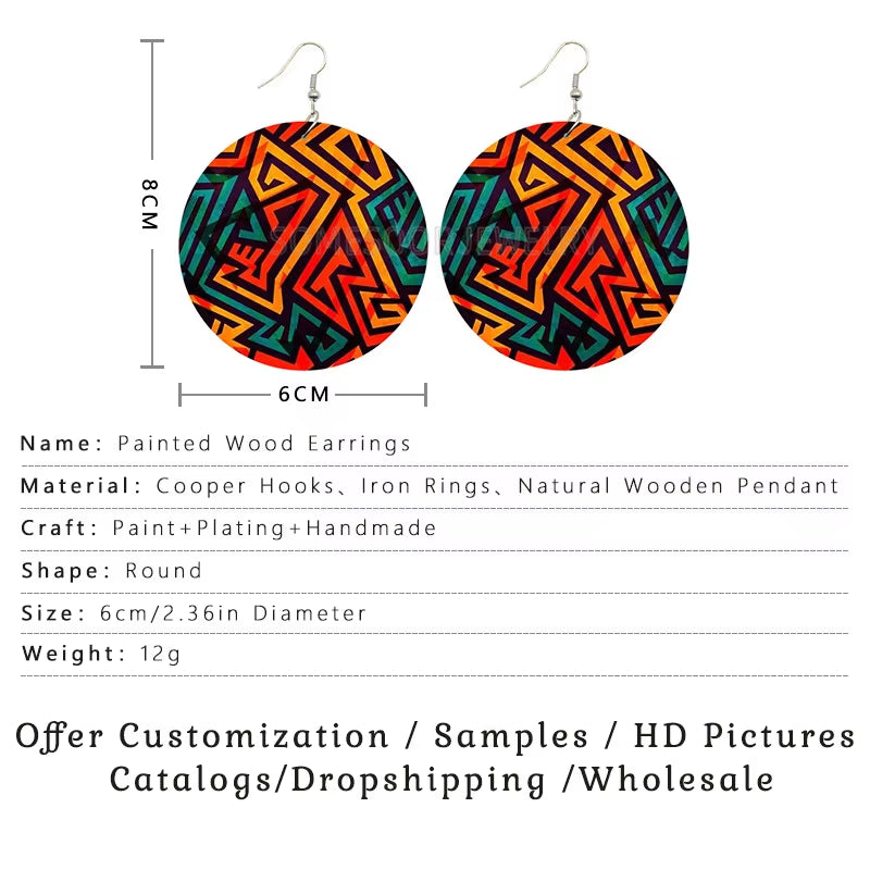 2020 Creative Design Fashion Africa Jewelry Bohemian Wooden Both Printing round Pendants Black Earrings for Women Gifts