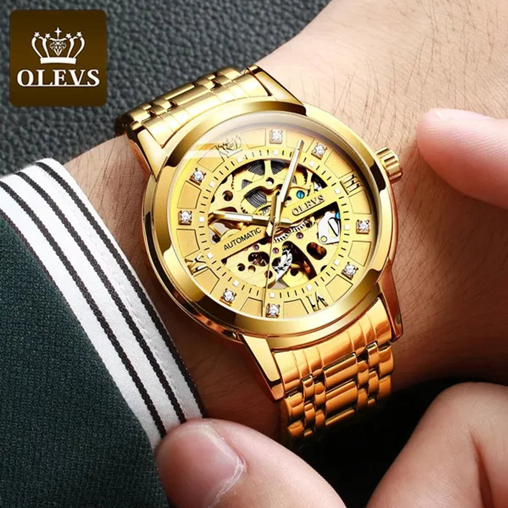 Gold Skeleton Men'S Automatic Mechanical Watches Self Winding Luxury Dress Shiny Diamond Stainess Steel Waterproof Luminous Wrist Watches