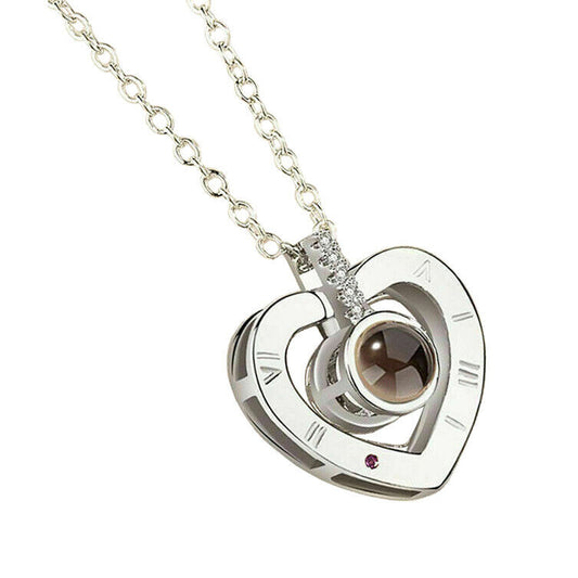 I LOVE YOU 100 Languages Projection Heart Silver/Gold Plated Love Necklace