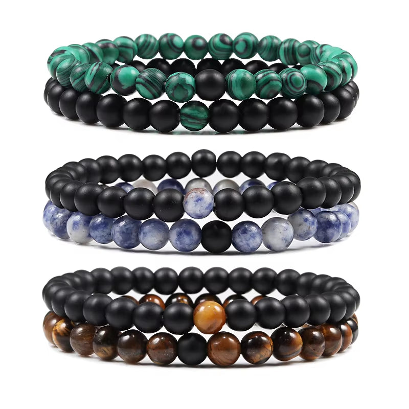 Hot 2Pcs/Set Tiger Eye Black Lava Natural Stone Beaded Bracelets Couples Distance Bracelet Energy Elastic Rope Malachite Jewelry