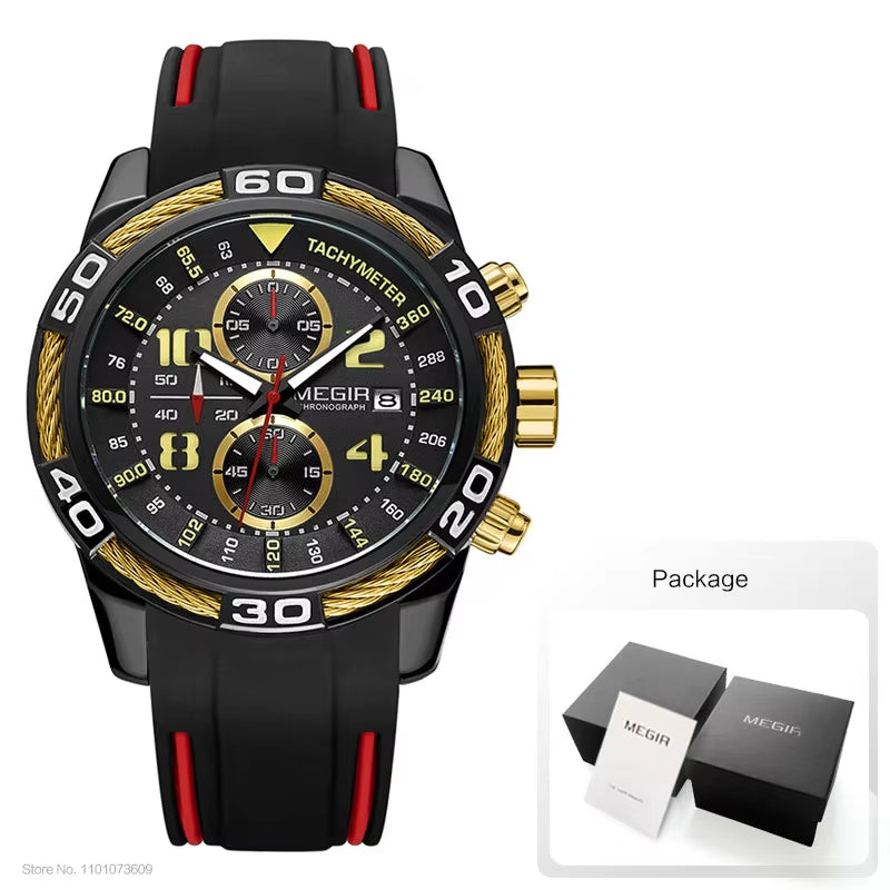 Analogue Chronograph Battery Quartz Watch for Man Men'S Black Silicone Bracelete Sport Wristwatch Boy'S Stopwatch 2045G