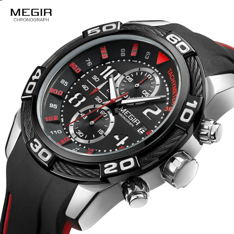 Analogue Chronograph Battery Quartz Watch for Man Men'S Black Silicone Bracelete Sport Wristwatch Boy'S Stopwatch 2045G