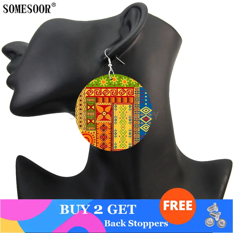 2020 Creative Design Fashion Africa Jewelry Bohemian Wooden Both Printing round Pendants Black Earrings for Women Gifts