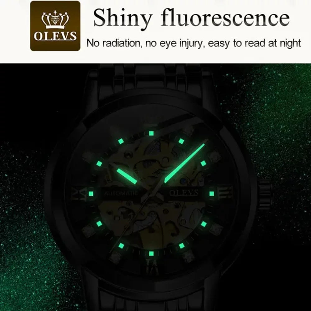 Gold Skeleton Men'S Automatic Mechanical Watches Self Winding Luxury Dress Shiny Diamond Stainess Steel Waterproof Luminous Wrist Watches