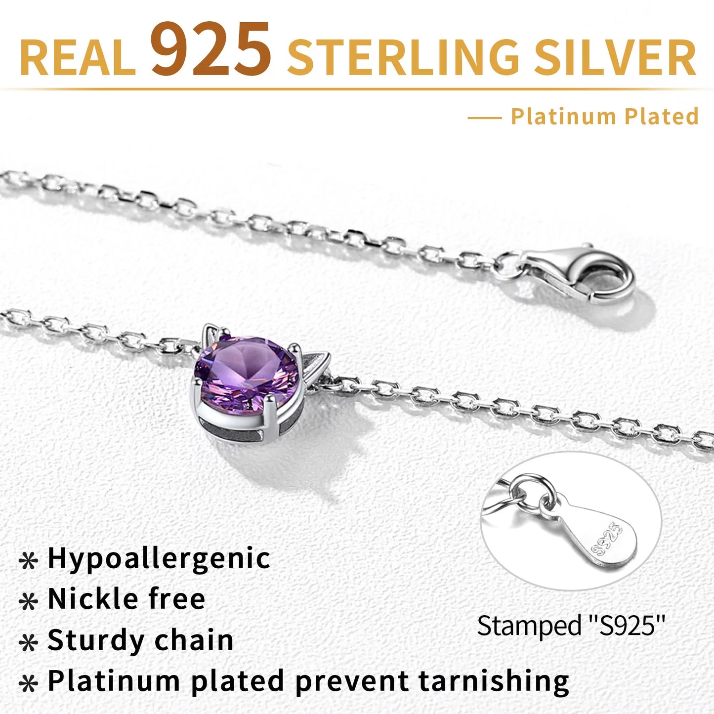 925 Sterling Silver Cat Necklace Girls Cute Cat Jewelry round Amethyst Pendant Necklace February Birthstone for Cat Lovers