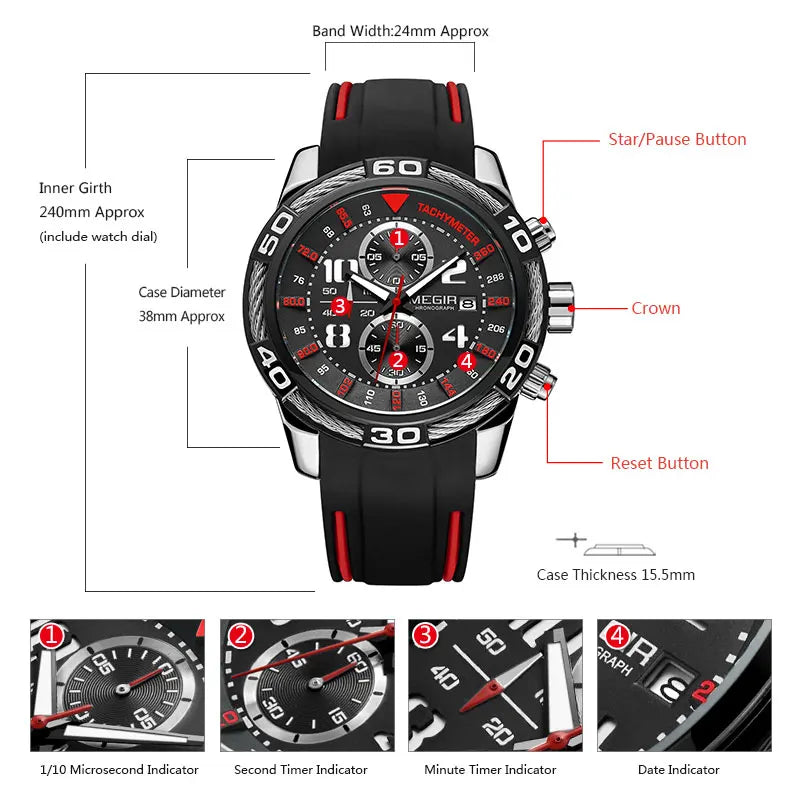 Analogue Chronograph Battery Quartz Watch for Man Men'S Black Silicone Bracelete Sport Wristwatch Boy'S Stopwatch 2045G