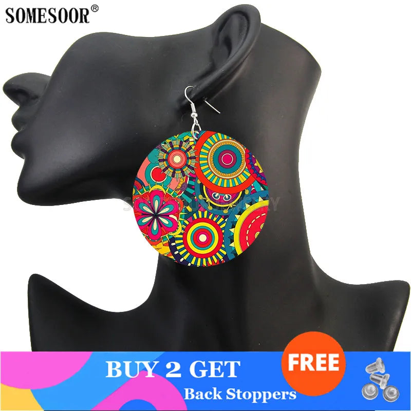 2020 Creative Design Fashion Africa Jewelry Bohemian Wooden Both Printing round Pendants Black Earrings for Women Gifts